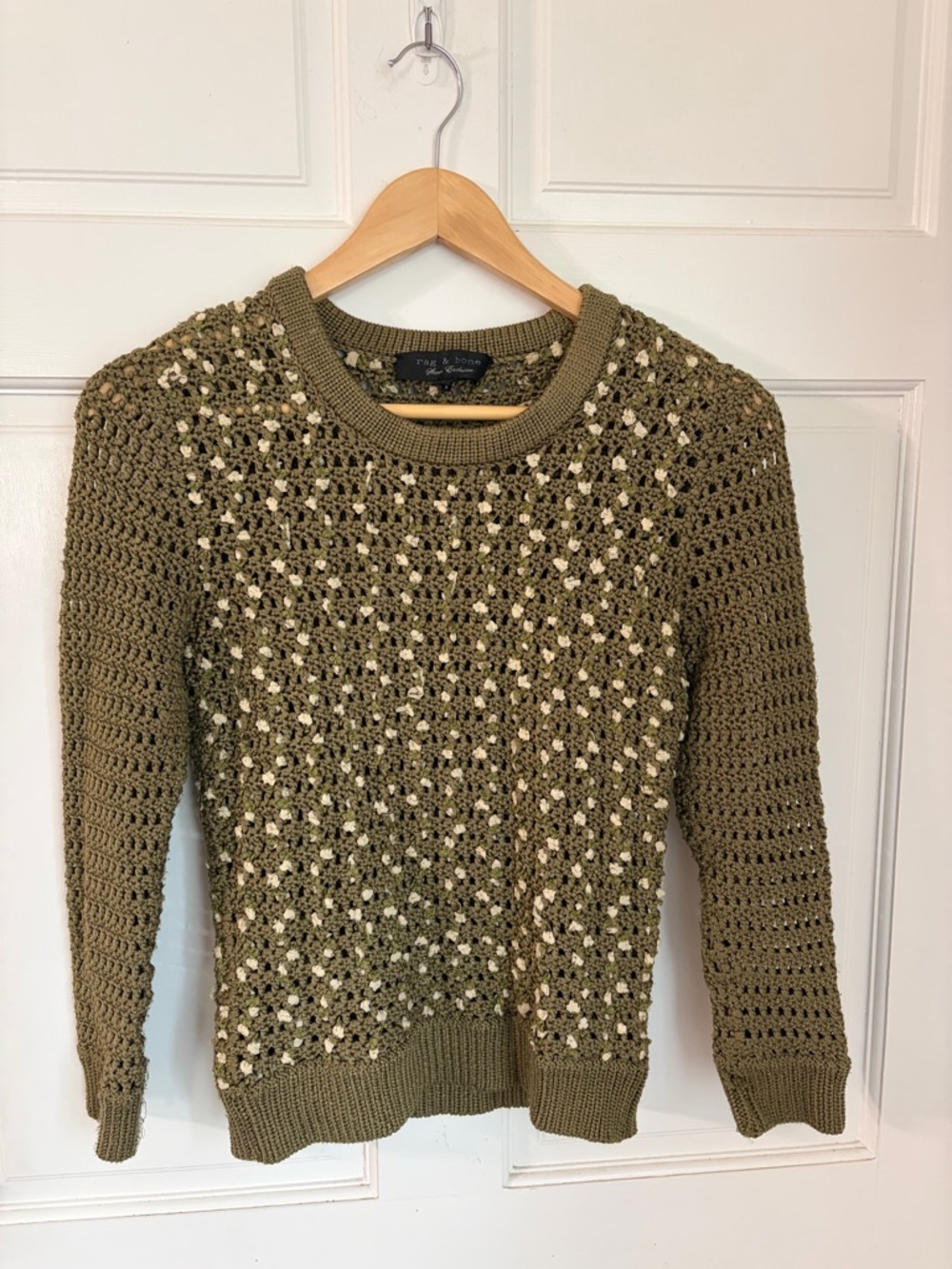 Rag & Bone Olive Green Sweater XS Crochet Open Knit Pullover Knot